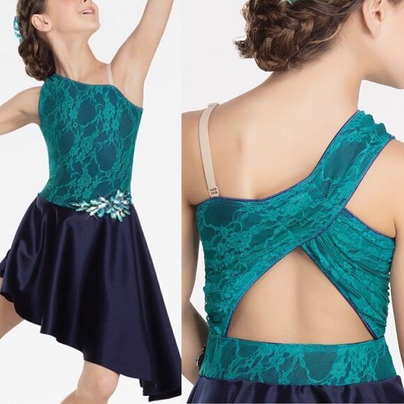 Revolution Dance Costume lyrical navy blue teal lace IN WAVES RC20988 LC - Picture 1 of 12